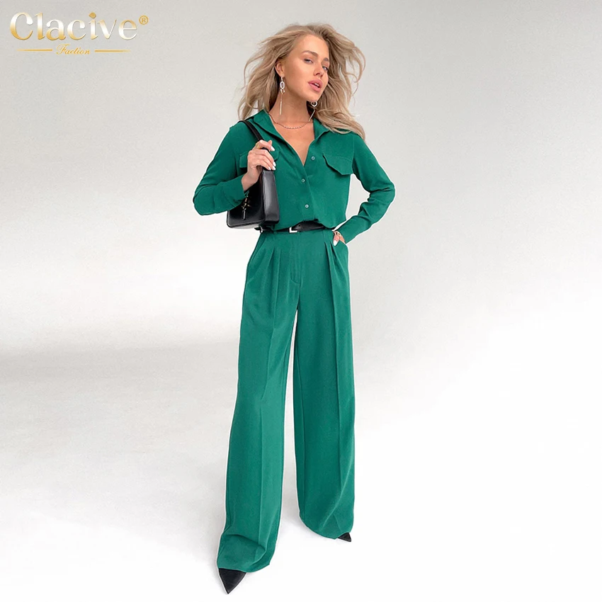 Clacive Fashion Green High Waist Pants Set Women Elegant Loose Office Wide Trouser Suits Lady Casual Blouse Two Piece Pants Set mother of the bride pant suits