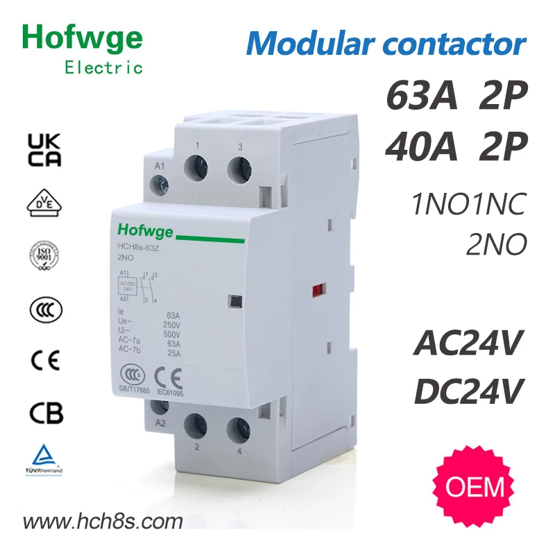 Contator automático do agregado familiar, tipo do trilho do ruído, HCH8s-63, 2P, 40A, 63A, 2NO, 1NO1NC, C.A. 24V, C.C. 24V, 50Hz, 60Hz