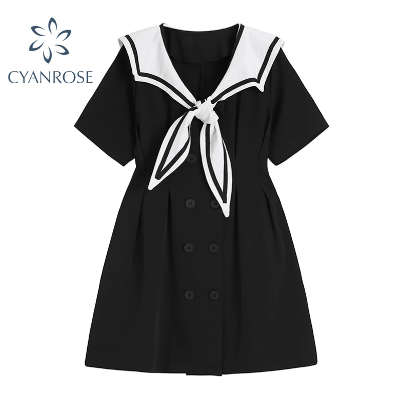 Женское двубортное платье в японском стиле Повседневное с матросским воротником