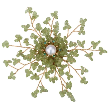 

Yacq Women Natural Peridot Freshwater Pearl Cubic Zirconia Pin Brooch Pendant 2 in 1 Handmade Jewelry Flexible Copper Wire Gift