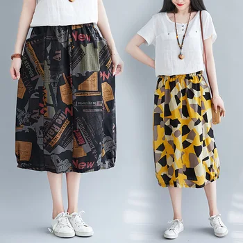 

Artistic Summer Printed Vintage Cotton and Linen Skirt Elastic Waist Versatile xiu xian kuan Skirt Printed Vintage Skirt Female
