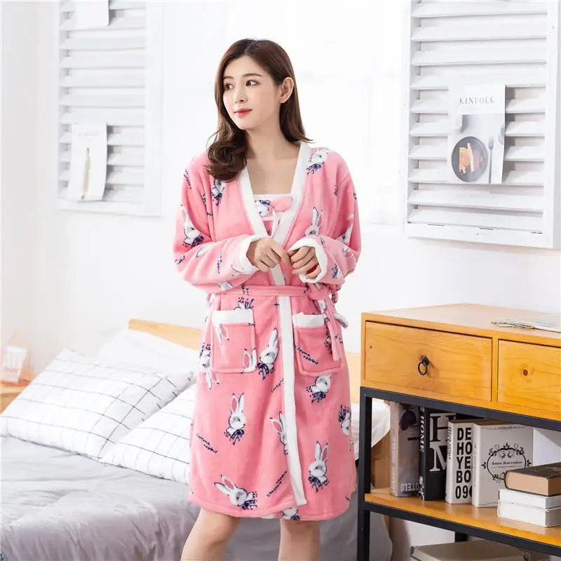Розовый цветочный принт, женское Фланелевое кимоно, халат, комплект из 2 предметов, халат с поясом, домашний халат, одежда для сна, женская ночная рубашка - Цвет: Style M