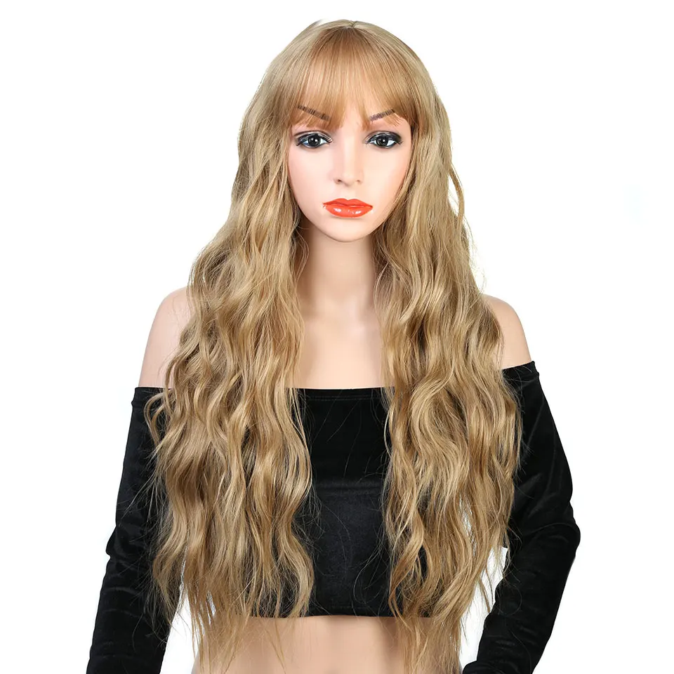 

Pageup 26 Long Blonde Wave Synthetic Wig With Bangs For White/Black Women Pure Color High Temperature Fiber Cosplay Wig