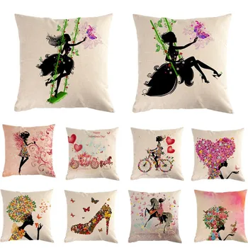 

Flower Butterfly Girl Decorative Cushion Cover Cotton Linen Square Throw Pillow Cover Pillow Case Home Office Car Sofa Decor
