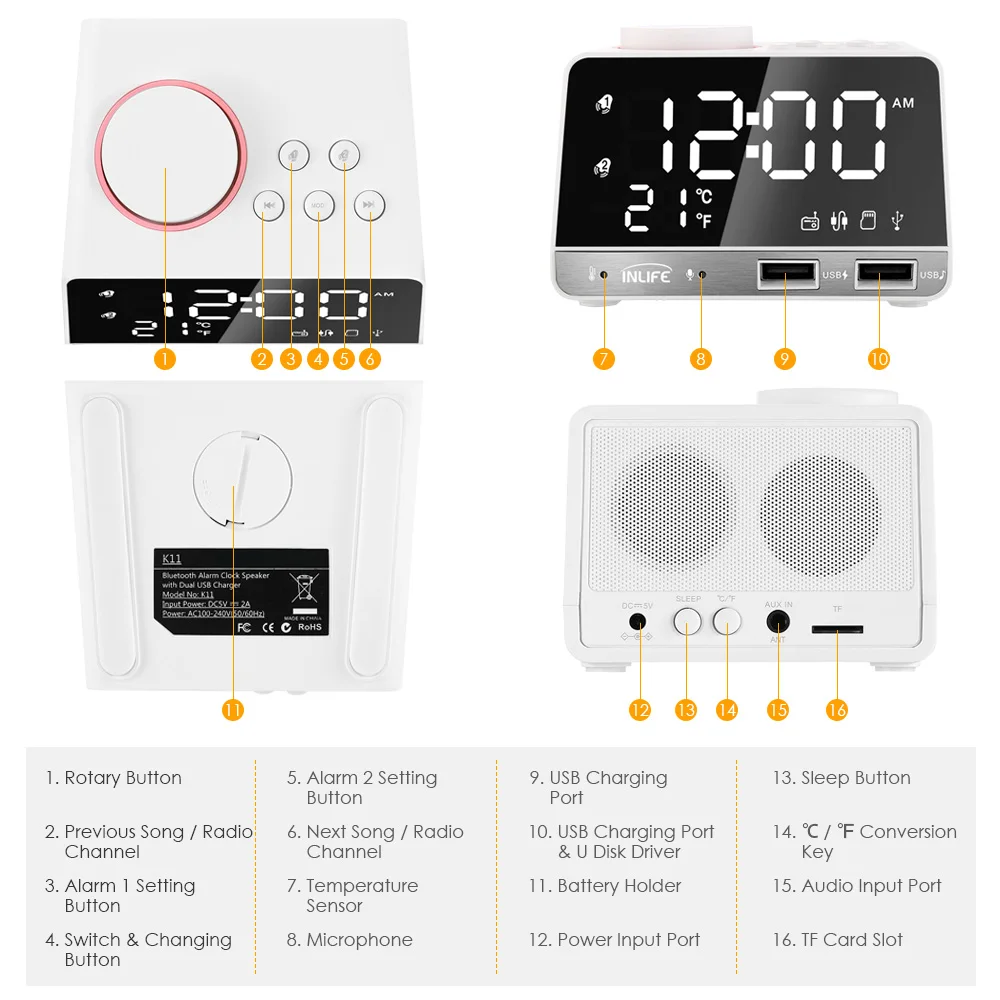 Inlife K11 Многофункциональный Будильник динамик fm-радио Bluetooth 4,2 с 2 портами usb порты Повтор Настольные часы для дома и офиса