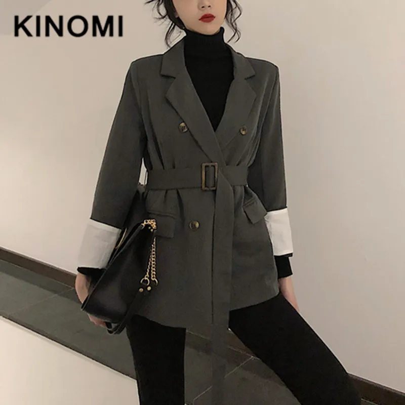 KINOMI осень зима OL стиль винтажный блейзер с поясом Длинный рукав двубортный пиджак дамское повседневное пальто куртка женская