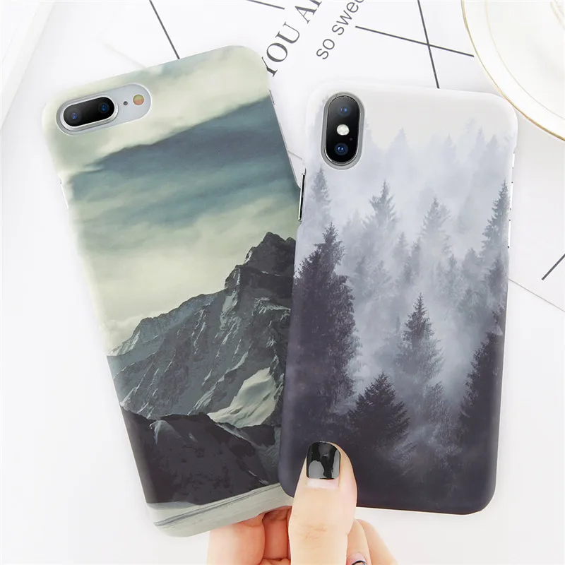 

ottwn Mountain Patterned Phone Cover For iPhone X XR XS Max Hard PC Back Case For iPhone 7 8 6 6S Plus Forest Scape Fitted Cover