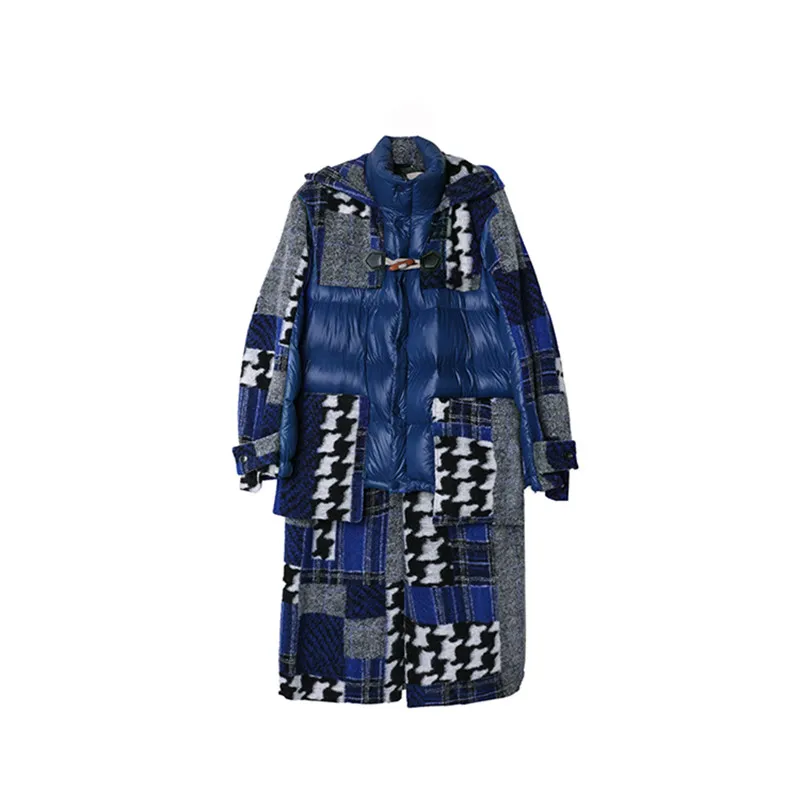 Original Design Winter Women Oversized Hooded Down Coat Thick Warm Fake Two Pieces woolen Patchwork Long White Duck Down Jacket