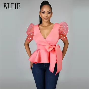 

WUHE Sexy Mesh Beading Puff Sleeve T Shirt for Women Deep V Neck Summer Clothes Streetwear Oversized Tee Shirt Femme Cute Tops