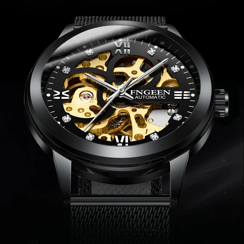 Fashion FNGEEN Skeleton Golden Watch Sport Mechanical Luminous Top Brand Men Automatic For Montre Homme | Наручные часы