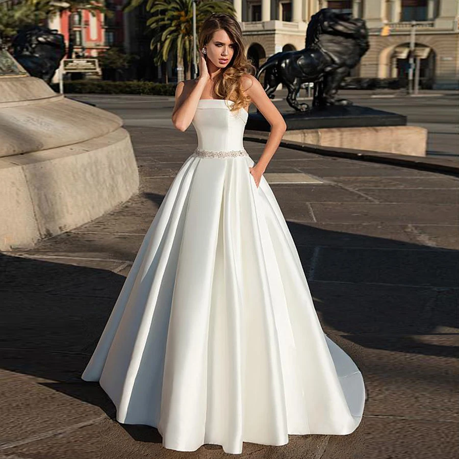 Delicate Satin Stapless Neckline A-line Bridal Dress Open Back Beading Sash Wedding with Pocket | Свадьбы и торжества