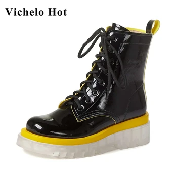 

Vichelo Hot transparent bottom patent leather round toe special design riding boots cross-tied superstar brand ankle boots Lcf7