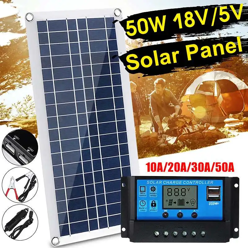 50W 18V 12V Панели Солнечные DC USB Выход солнечных батарей поли солнечные + 10/20 Вт 30 50A