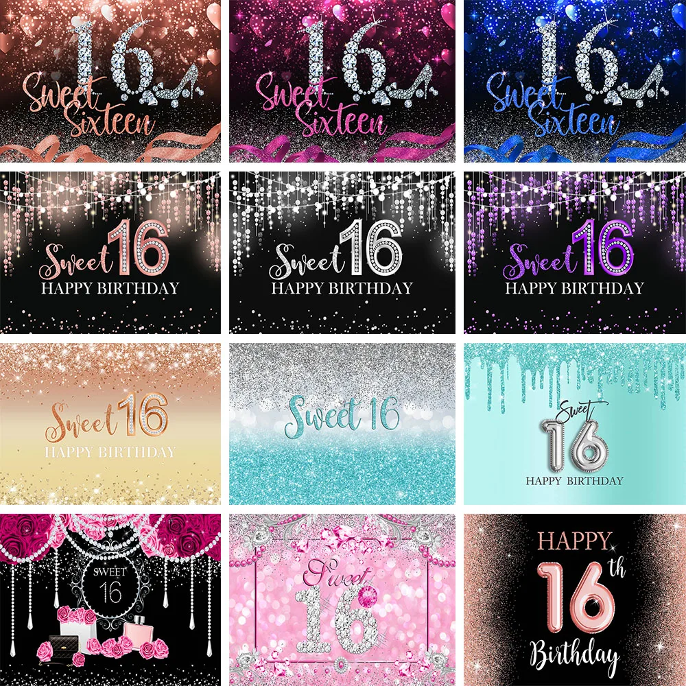 Mocsicka Glitter Sweet 16 Backdrop Girl 16th Birthday Party Photo Background High Heels Diamond Decoration Photography Backdrops