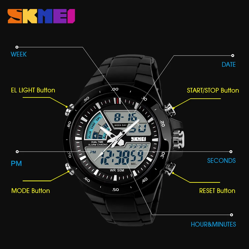 SKMEI 1016 Men Digital Watch Fashion Outdoor Sports Wrist Watches Waterproof Swim Dive Military Men's Watch Male Alarm Clock