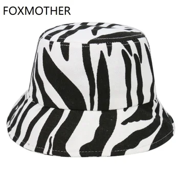 

FOXMOTHER New Fashion Black White Striped Zebra Bucket Hats For Women Ladies