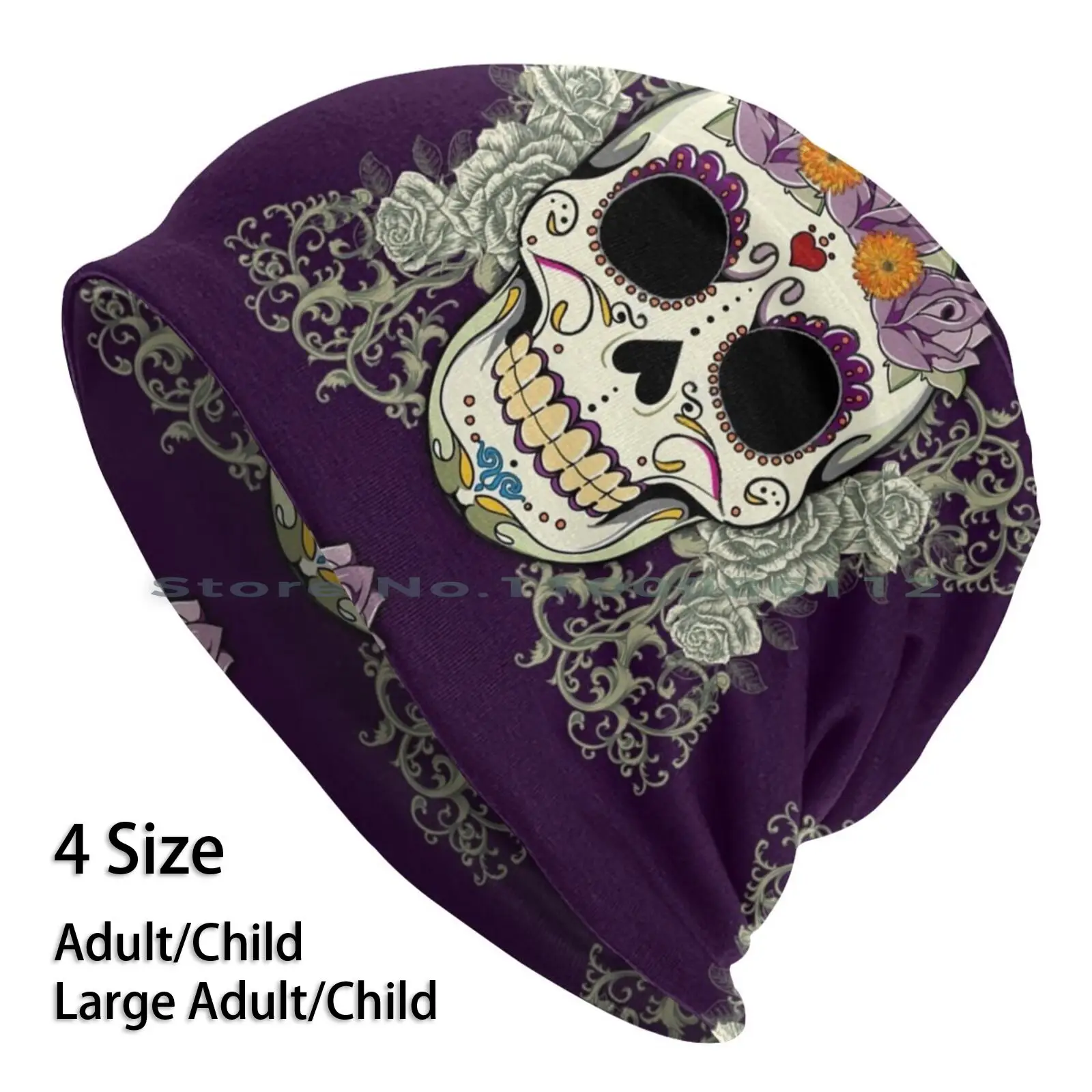 Vintage Skull And Flowers Beanies Knit Hat Day Of The Dead Dia De Los Muertos Pattern Skeleton Tattoo Style Girly |