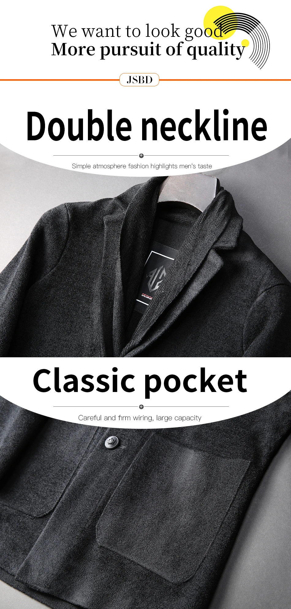 JSBD high-end handsome men's coat thick no-ironing fw men casual scarf collar long woolen coat