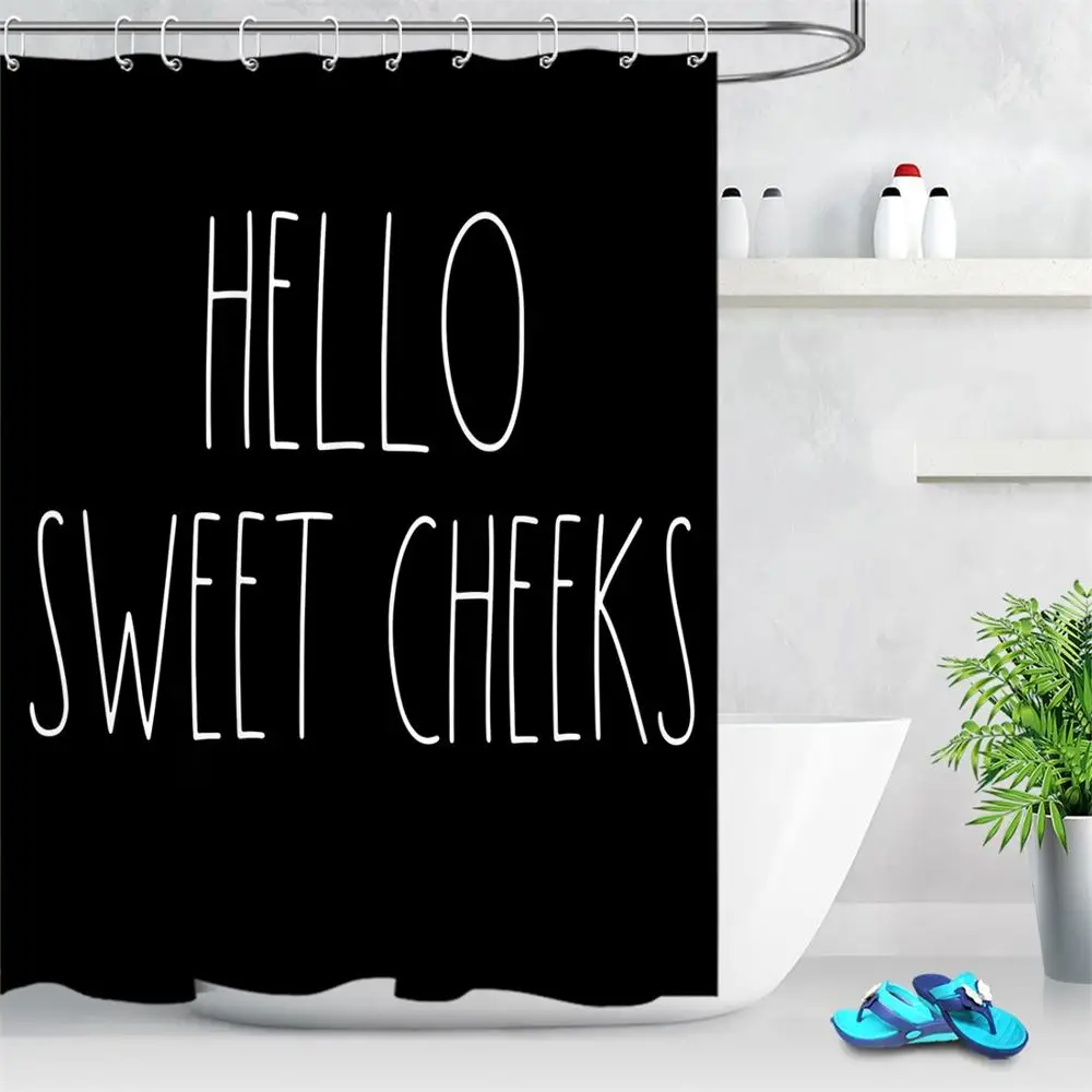 Штора для душа в современном стиле белая черная с забавными цитатами устойчивая