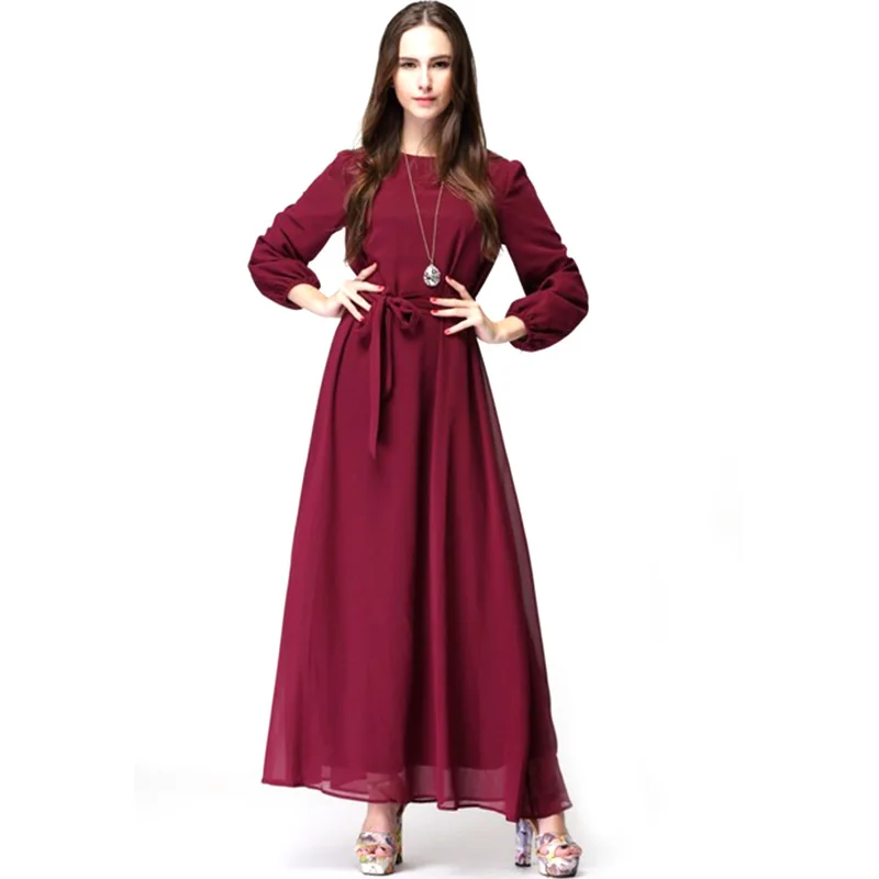 

Casual Dress with Belt Women Costume Solid Clothing Plus Size High Waist Ankle-Length Lantern Sleeve Empire O-Neck Autumn Dress