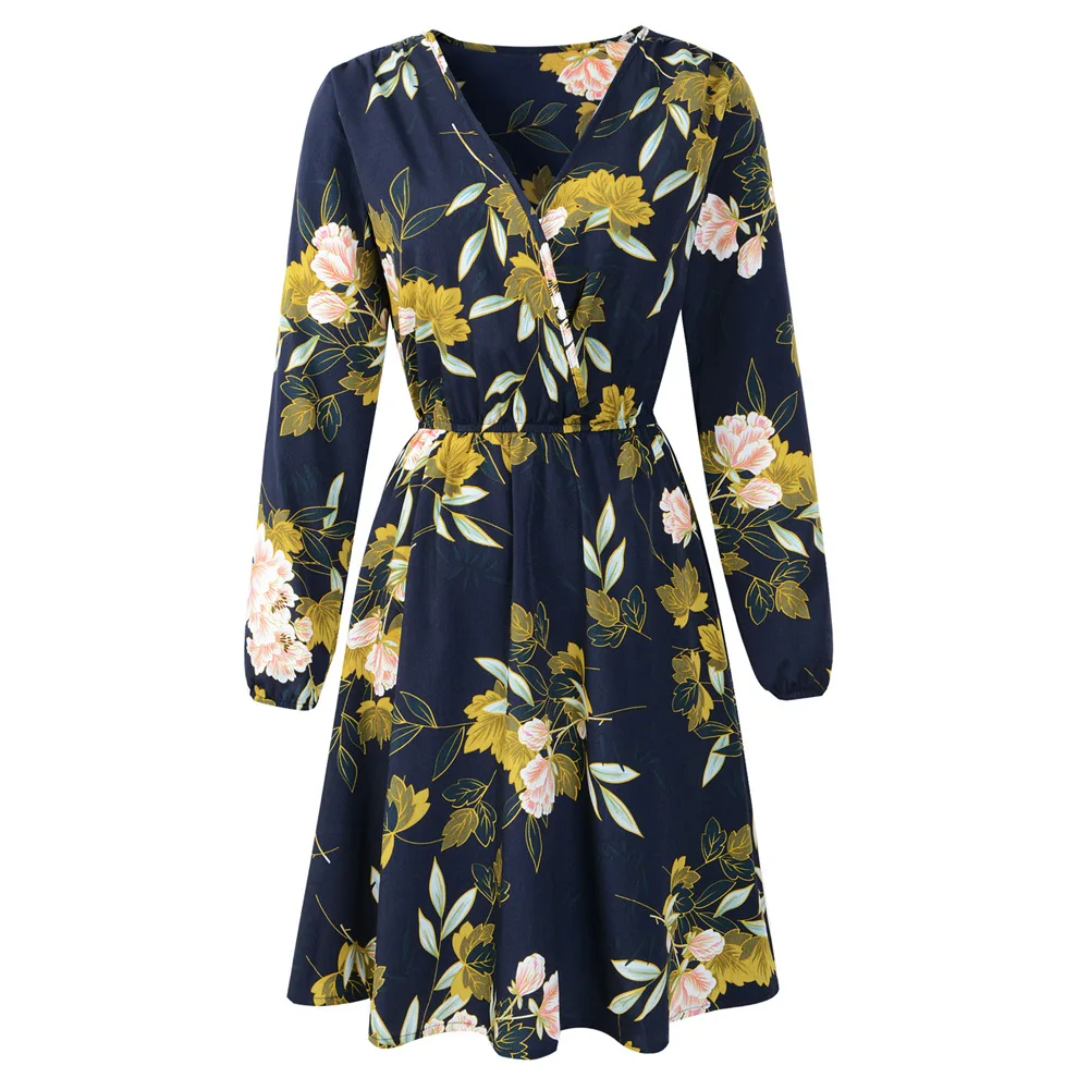 Шифоновое платье с цветочным принтом V образным вырезом и длинным рукавом|Платья|