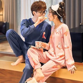 

XIZOU Cute Printing Autumn Pajamas Cotton Couple Pajamas Set Women Loungewear Lover Pyjama Women Men's Sleepwear Home Clothing
