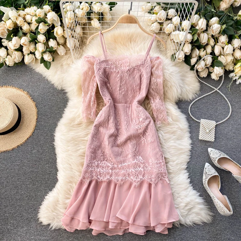 collar off shoulder design perspective lace middle sleeve slim fit bag hip Chiffon Ruffle Dress women's spring dress