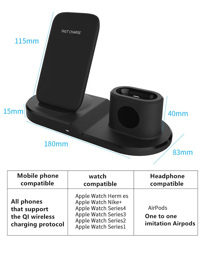Быстрое 3 в 1 Беспроводное зарядное устройство для iPhone 3в1 Беспроводная зарядная док-станция Qi для iPhone X XS Max XR 8 AirPods Apple Watch