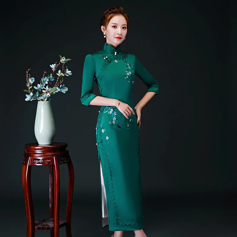 Негабаритный 4XL осеннее Новое поступление Винтажное с рукавами 1/2, вышивкой Cheongsam сексуальное женское Формальное длинное платье с цветочным принтом атласное Qipao
