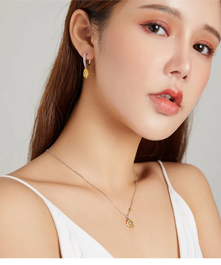 bamoer Silver Sunflower Jewelry Set 925 Sterling Silver Gold Color Lucky Necklace Earring Gift for Women Fashion Jewelry  ZHS222