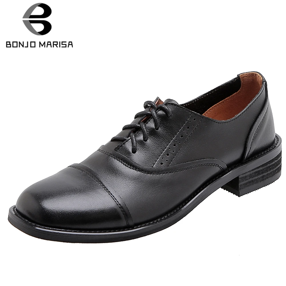 

BONJOMARISA 34-39 Lady Genuine Leather Pumps Lace Up Retro Pumps Women 2020 Square Heel Casual Office Shoes Woman
