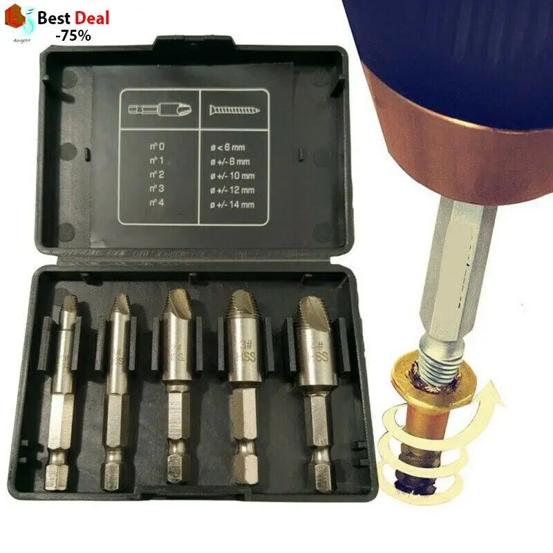 

5pcs Damaged Screw Extractor Drill Bits Guide Set Broken Speed Out Easy out Bolt Stud Stripped Screw Remover Tool