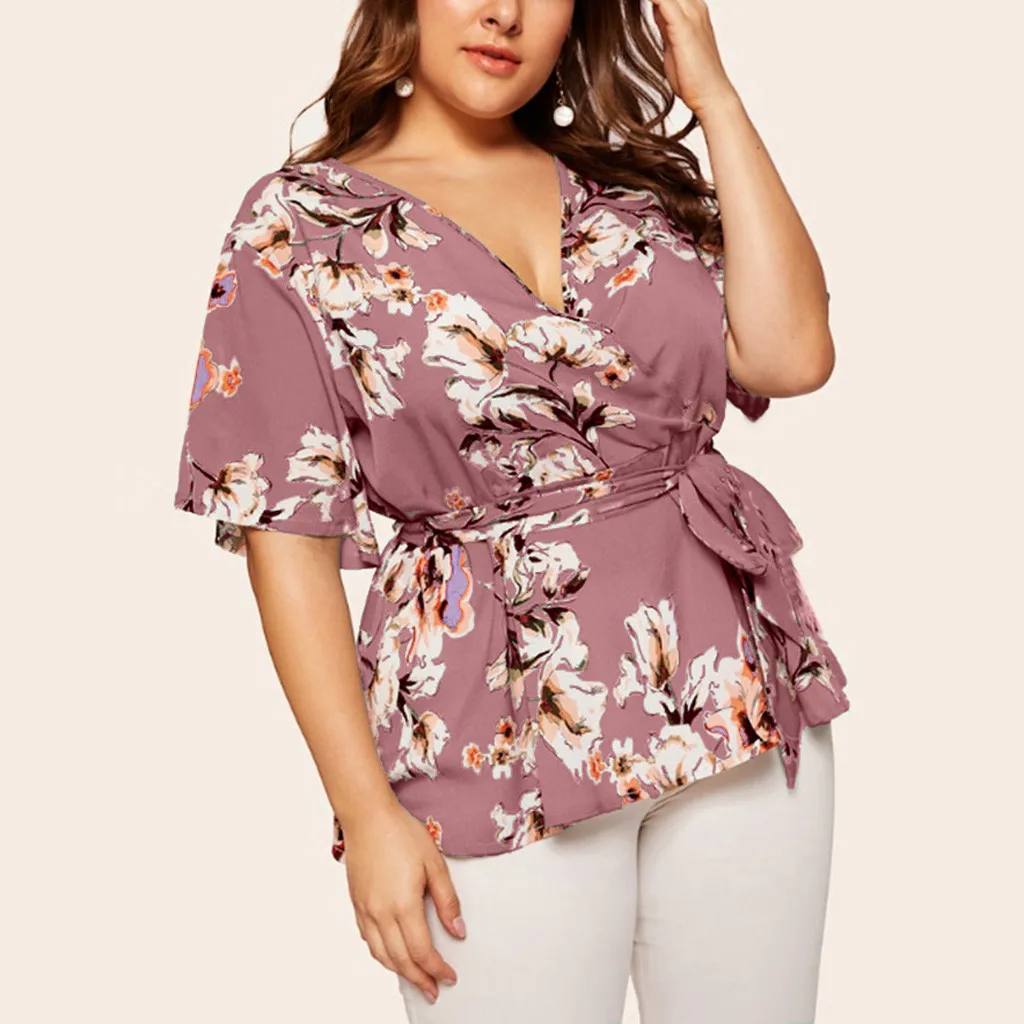 5xl Plus Size Floral V-neck Shirt Women's Casual Short Sleeve Tunic Printing Waist Belt Blouses Tops Women Clothing Blusas Mujer shirts & tops