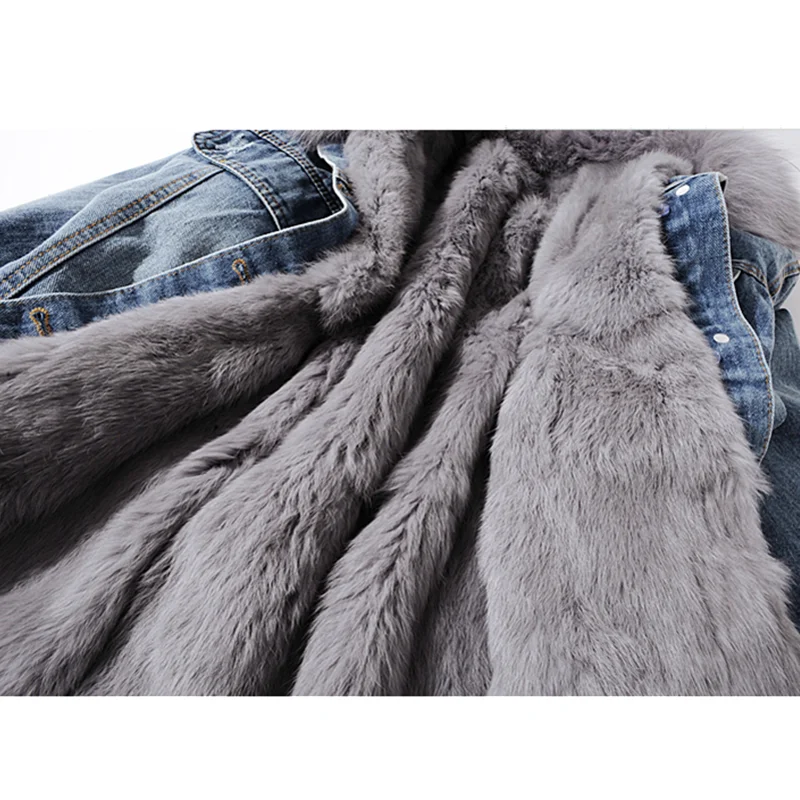 Vintage Winter Denim Jacket Women Korean New Removable Rabbit fur liner Fox Fur Collar Jean Coat Loose Thick Warm Jeans Jacket