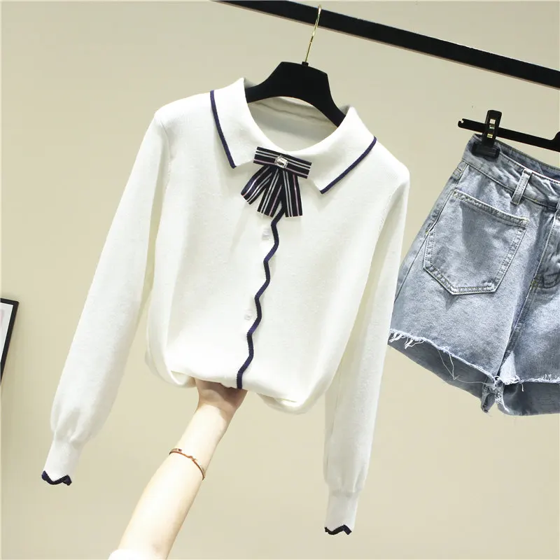long sleeve white Весна осень вязаный свитер рубашка женская длинный рукав свободная верхняя одежда полосатая куртка Femme леди лацканы топы на все случаи трикотаж - Цвет: long sleeve white