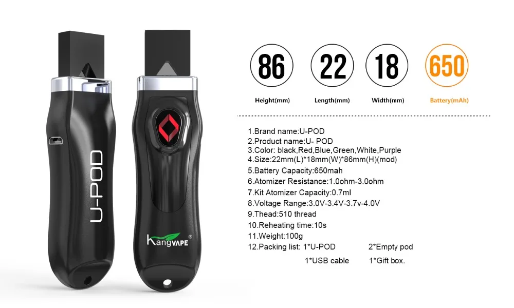 Original kangvape U-POD 650mAh Kit with ceramic coil adjustable voltage E Cigarette Vape mini kit for Juul pod vs minifit kit (11)