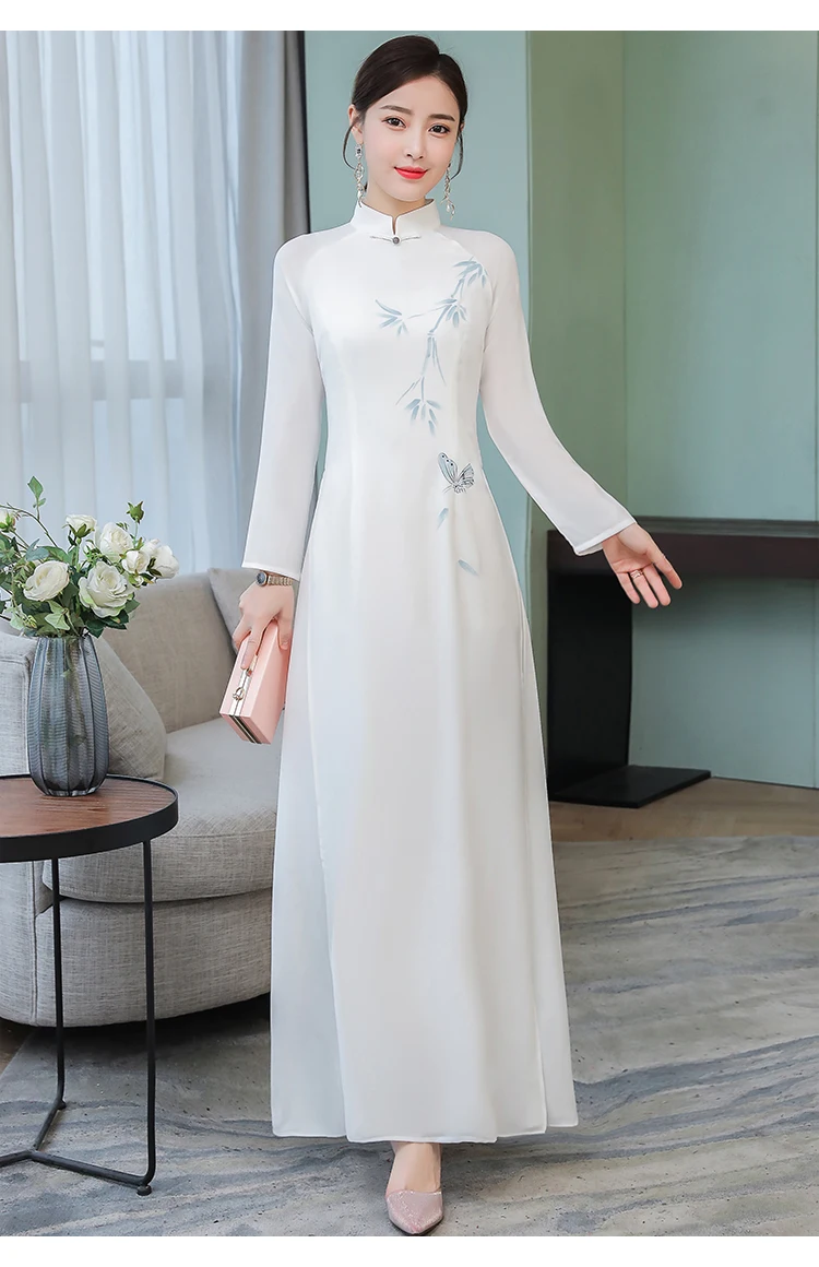Вьетнамский Ао Дай платья Cheongsam народный стиль шифон Aodai Dulce стоячий воротник элегантное женское китайское традиционное платье костюм