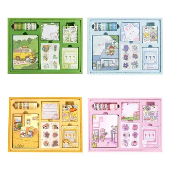 

OOTDTY 1 Set Cartoon Portable Traveler Plan Message Journal Notebook Stationery with Washi Tape Stickers Sticky Note Box Gift