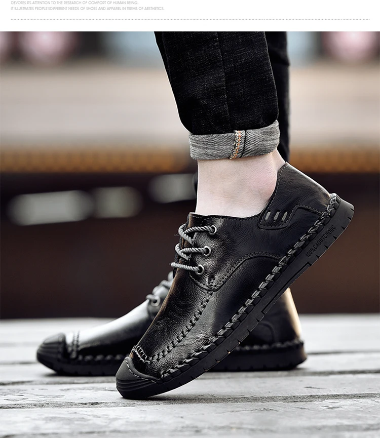 Hot Sale Leather Men Flats Shoes Hand Sewing Men Oxfords Zapatos Hombres Trendy Men Leather Lace Up Shoes High Quality Moccasins