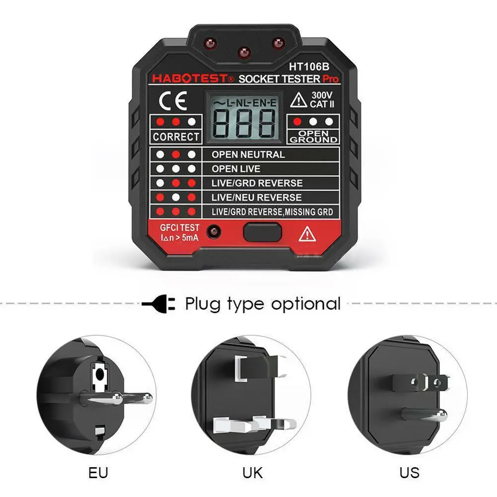 

HT106B Electric Socket Tester With Voltage 48V-250V Circuit Polarity GFCI Voltage Detector Wall Plug Circuit Breaker Socket