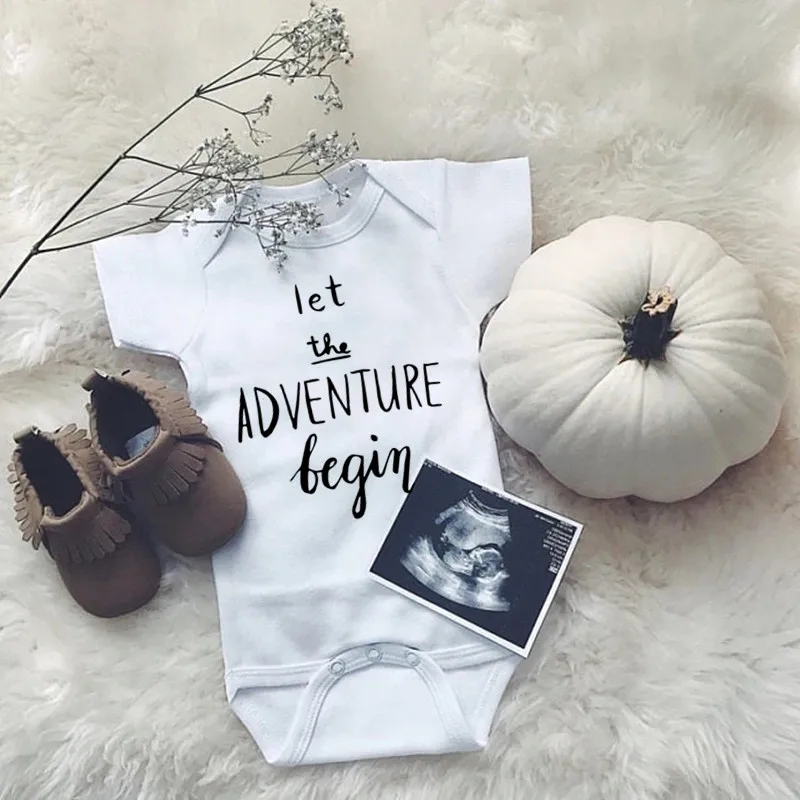 

Let the Adventure Begin Baby Bodysuit Pregnancy Announce Newborn Boys Girls Cotton Jumpsuit Short Sleeve Baby Clothes