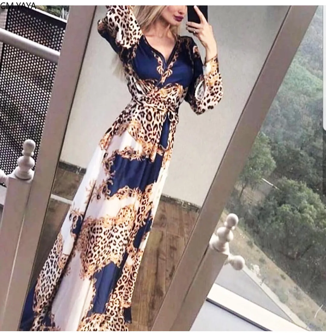 

Autumn Women Notched V-neck High Waist Leopard Paisley Print Elegant Maxi DressFemale Sexy Party Evening Long Dresses Vestidos