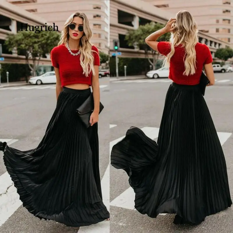 Fashion Long Skirt Stretch High Waist Ropa Mujer Solid Color Loose  All-Match Pleated Skirts Jupe Femme Woman Clothes luckymarche комбинезон le match stretch field qwdex23311bkx