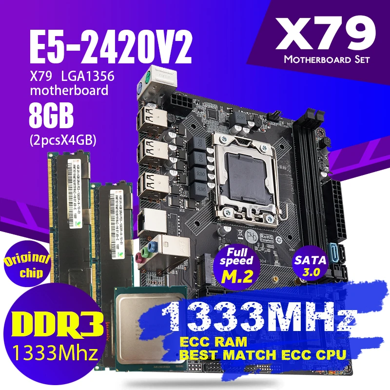 Atermiter X79 1356 Motherboard Set With Xeon LGA 1356 E5 2420 V2 Cpu 2pcs x 4GB= 8GB 1333MHz DDR3 ECC REG Memory RAM PC3 10600R