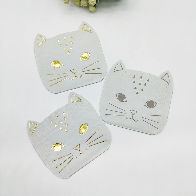 

40pcs Cartoon Cat Paper Napkins Birthday Wedding Engagement Gold Foil Tissue Napkin Serviettes Baby Shower Party Supply