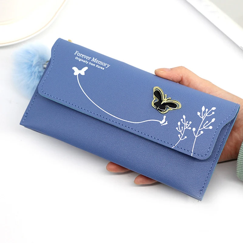 Elegant Women's Solid Color Fur Ball Wallet - PU Leather Long Wallet with Butterfly Card Holder Purse