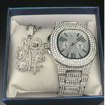 

Luxury Men Diamond Watch Hip Hop Jewelry Stylish Watch & Necklace Combo Set No Day Off Pendant Ice Out Cuban Pendant Necklace