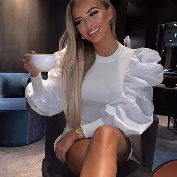 

Women Tops T-shirts Vintage Long Puff Sleeve Autumn OL Shirts Ladies Korean White Blusas Mujer De Moda Casual O-neck Top Tees