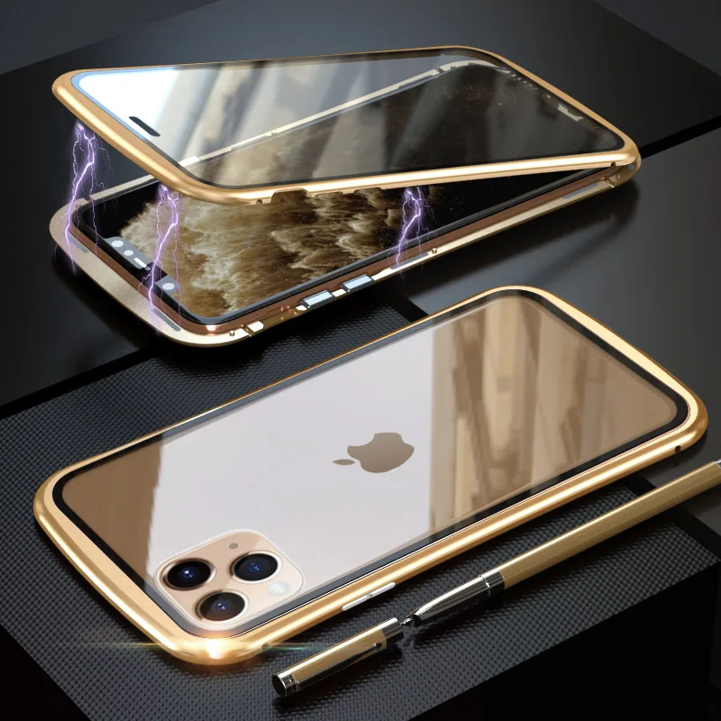LUPHIE металлическая рамка двухстороннее закаленное стекло для iPhone 11 ОСА Талия ультра тонкий противоударный чехол для iPhone 11 Pro Max - Цвет: Золотой