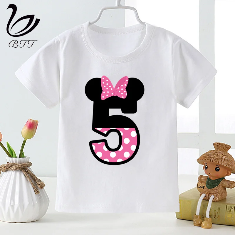 Розовая модная забавная футболка с рисунком мышки из мультфильма «День рождения» и цифрой 1-9 детские летние топы с круглым вырезом, футболки для мальчиков и девочек - Цвет: E